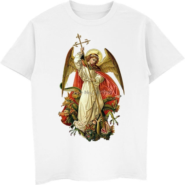 St Michael The Archangel Destroy The Devil Catholic Christians Gift Printed T Shirt Vintage Man Breathable Top Casual T-shirt