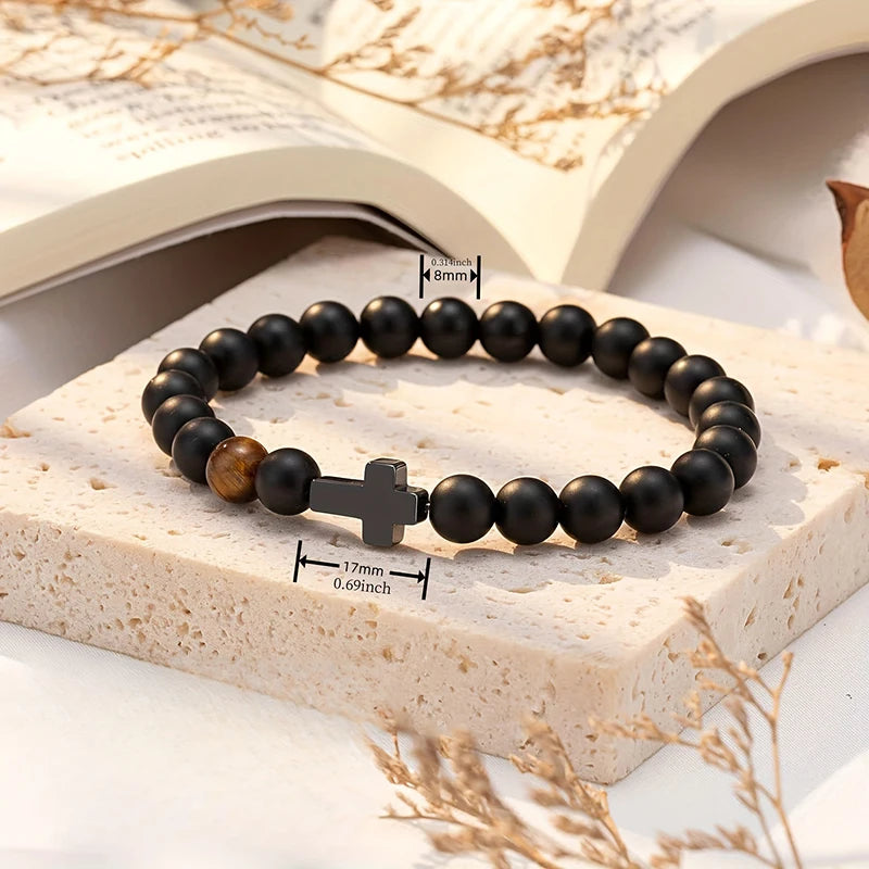 Elastic Natural Stone Beaded Cross Bracelet For Dad Godfather Husband Brother Faith Love Hope Gifts