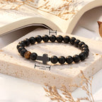 Elastic Natural Stone Beaded Cross Bracelet For Dad Godfather Husband Brother Faith Love Hope Gifts