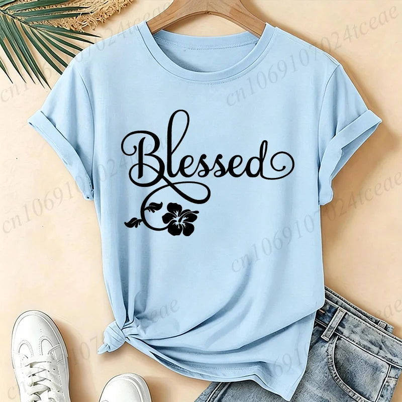 Women Blessed Floral Graphic T Shirt Tee Religious Faith Inspirational Quote T-Shirts Loose Short Sleeve Casual Tee Tops Gifts