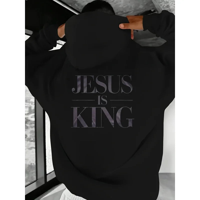 Jesus Is King Men'S Casual Hoodie - Black Patterned Printed Pullover Shirt，