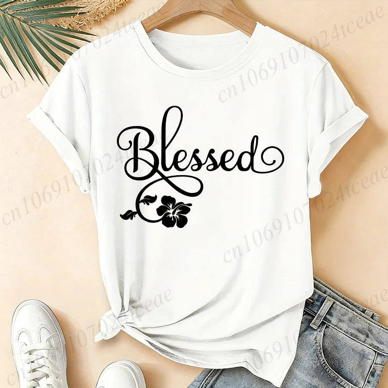 Women Blessed Floral Graphic T Shirt Tee Religious Faith Inspirational Quote T-Shirts Loose Short Sleeve Casual Tee Tops Gifts