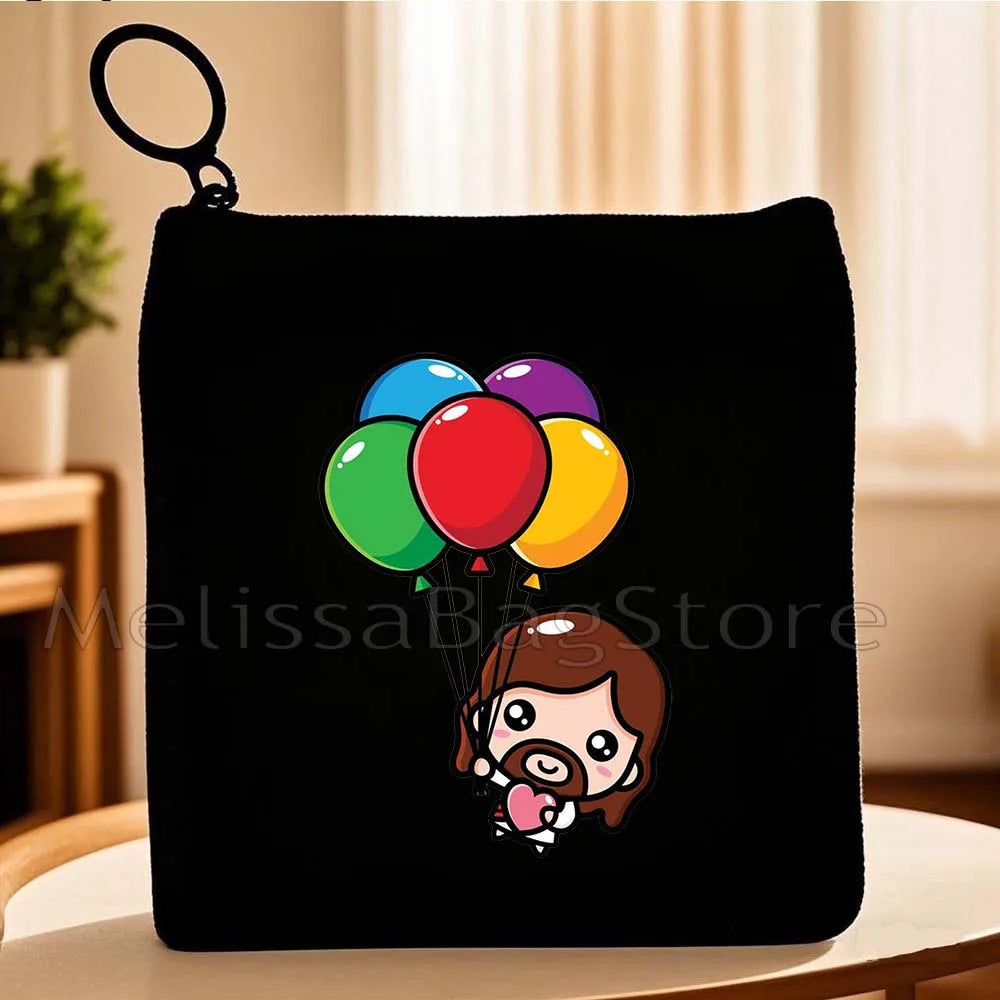 Cartoon Jesus Christ Floral Cross Love Faith Cute Christian Bible Belief Flowers Canvas Key Coin Purse Cute Bag Wallet Pouch