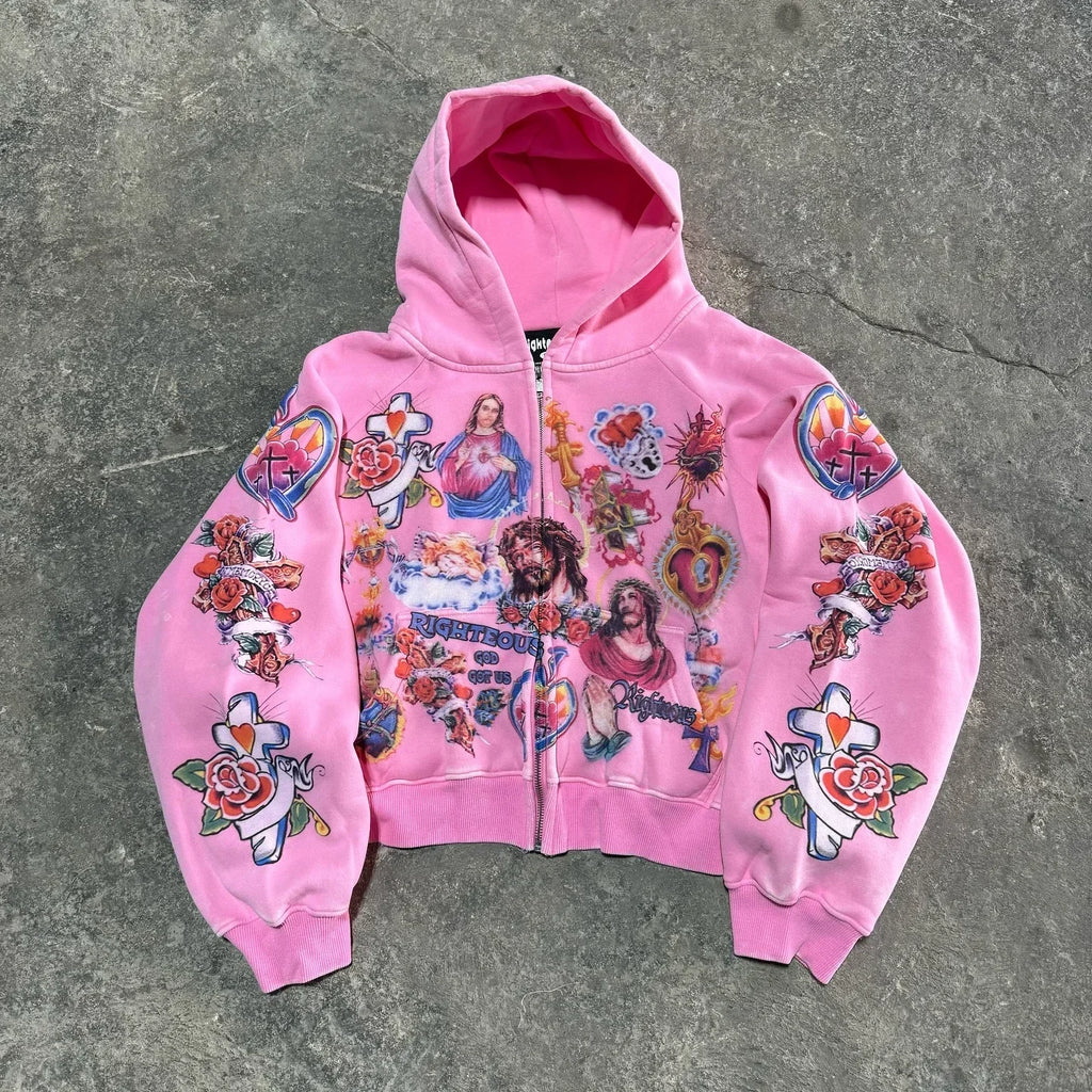 Trendy Y2K unisex Street Black Zip Up Hoodie Unisex with Religious Pattern Multi Element Print for Niche Youth Express Personality