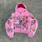 Trendy Y2K unisex Street Black Zip Up Hoodie Unisex with Religious Pattern Multi Element Print for Niche Youth Express Personality