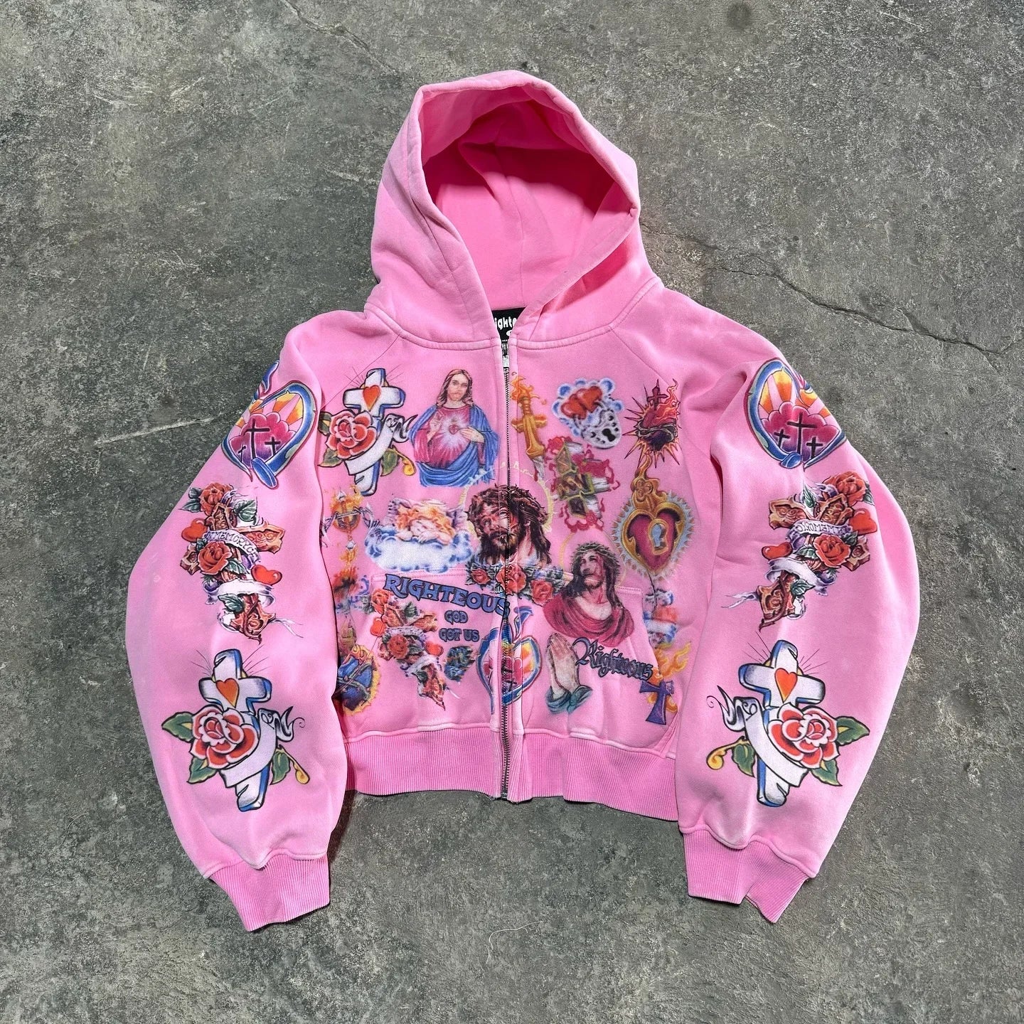Trendy Y2K unisex Street Black Zip Up Hoodie Unisex with Religious Pattern Multi Element Print for Niche Youth Express Personality