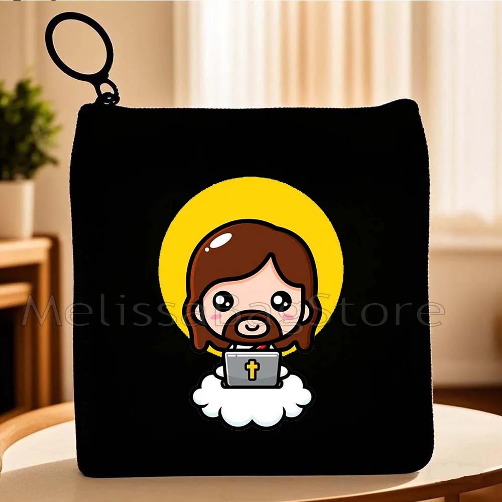 Cartoon Jesus Christ Floral Cross Love Faith Cute Christian Bible Belief Flowers Canvas Key Coin Purse Cute Bag Wallet Pouch