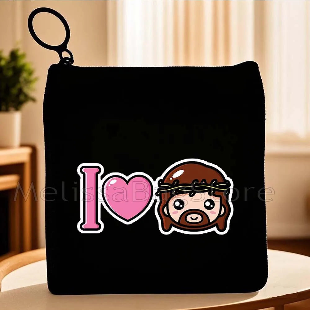 Cartoon Jesus Christ Floral Cross Love Faith Cute Christian Bible Belief Flowers Canvas Key Coin Purse Cute Bag Wallet Pouch