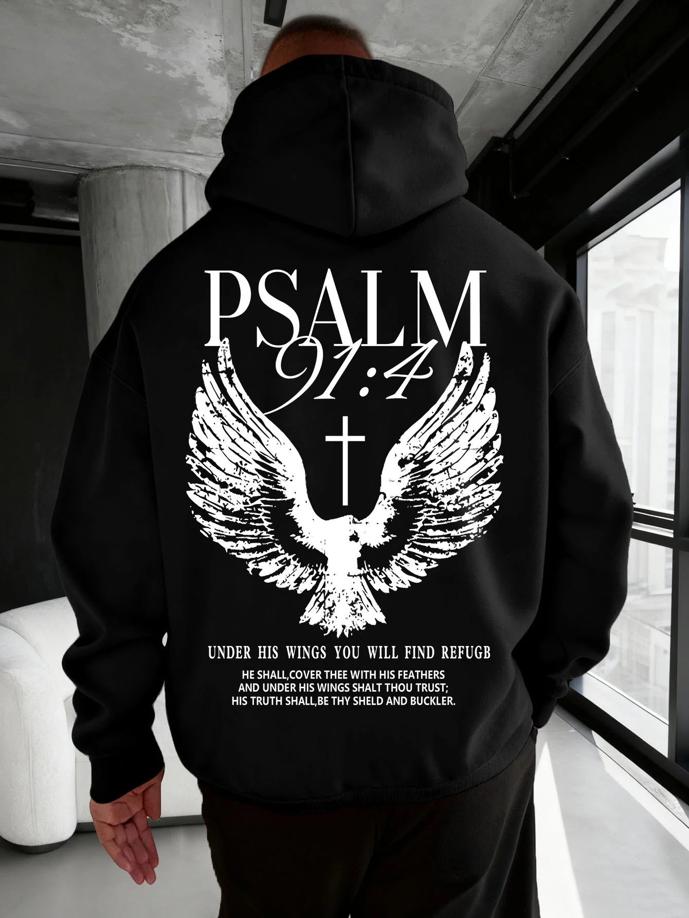 Christian Bible Verse Psalm 91:4 Print Men Women Hooded Sweatshirt Autumn Winter Outdoor Vacation Casual Loose Warm Sportswear