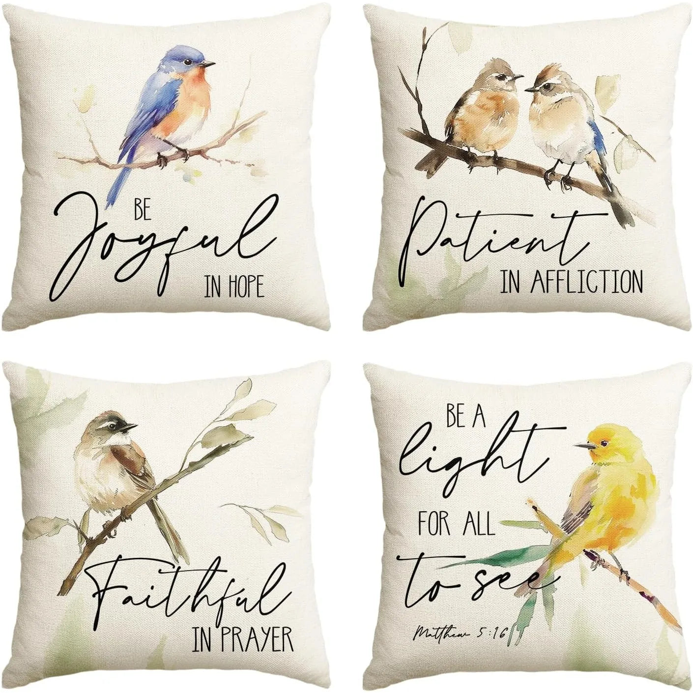 4Pcs Christian Bird Pillow Covers with "Be Joyful" Quote Design, featuring Watercolor Art for Religious Home Couch Decoration