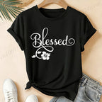 Women Blessed Floral Graphic T Shirt Tee Religious Faith Inspirational Quote T-Shirts Loose Short Sleeve Casual Tee Tops Gifts