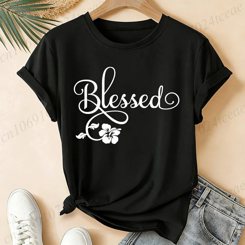 Women Blessed Floral Graphic T Shirt Tee Religious Faith Inspirational Quote T-Shirts Loose Short Sleeve Casual Tee Tops Gifts