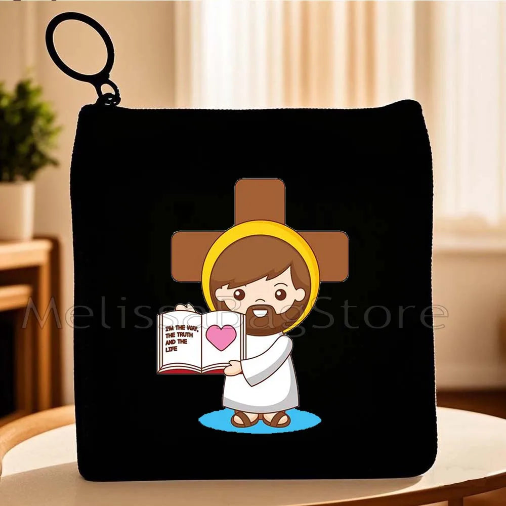 Cartoon Jesus Christ Floral Cross Love Faith Cute Christian Bible Belief Flowers Canvas Key Coin Purse Cute Bag Wallet Pouch