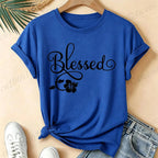 Women Blessed Floral Graphic T Shirt Tee Religious Faith Inspirational Quote T-Shirts Loose Short Sleeve Casual Tee Tops Gifts