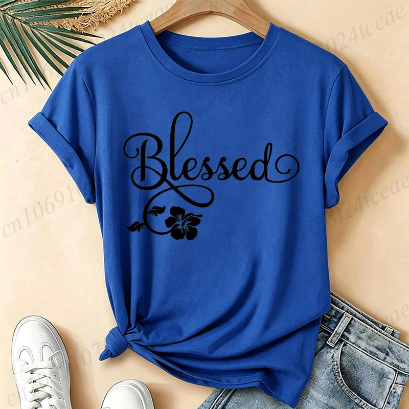 Women Blessed Floral Graphic T Shirt Tee Religious Faith Inspirational Quote T-Shirts Loose Short Sleeve Casual Tee Tops Gifts