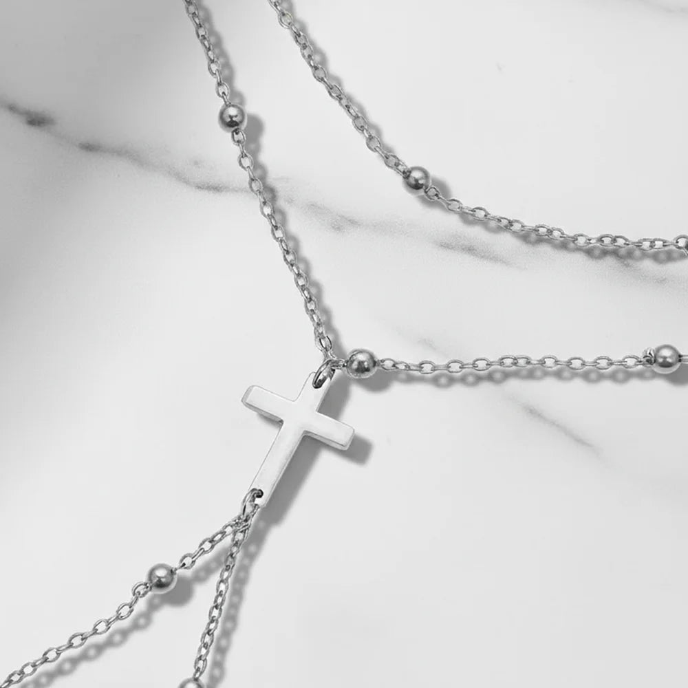 DOTIFI Stainless Steel Fashion Minimalist Double-Layer Bead Cross Pendant Bracelet For Women Geometric Finger Chain Jewellery