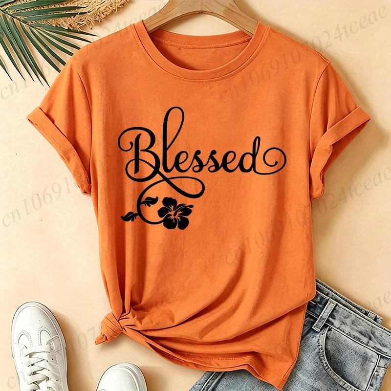 Women Blessed Floral Graphic T Shirt Tee Religious Faith Inspirational Quote T-Shirts Loose Short Sleeve Casual Tee Tops Gifts