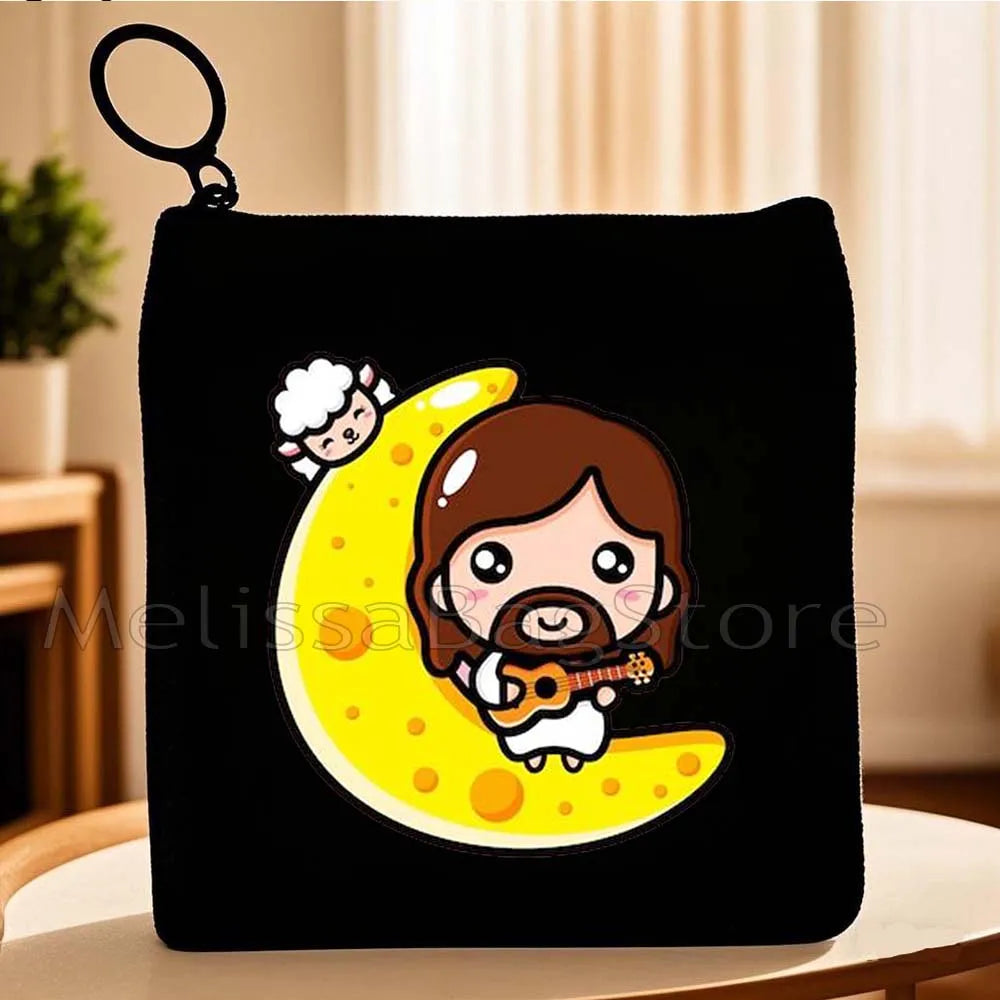 Cartoon Jesus Christ Floral Cross Love Faith Cute Christian Bible Belief Flowers Canvas Key Coin Purse Cute Bag Wallet Pouch