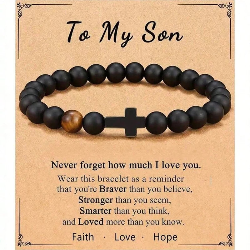 Elastic Natural Stone Beaded Cross Bracelet For Dad Godfather Husband Brother Faith Love Hope Gifts