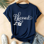 Women Blessed Floral Graphic T Shirt Tee Religious Faith Inspirational Quote T-Shirts Loose Short Sleeve Casual Tee Tops Gifts