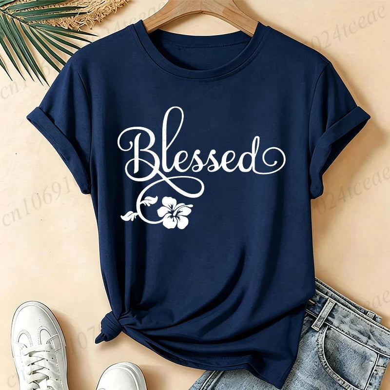 Women Blessed Floral Graphic T Shirt Tee Religious Faith Inspirational Quote T-Shirts Loose Short Sleeve Casual Tee Tops Gifts