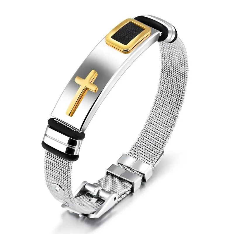 Black Gold Plated Cross Stainless Steel Bracelet for Men, Chain Jewelry Accessory, Punk Bracelets, High Quality