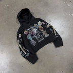 Trendy Y2K unisex Street Black Zip Up Hoodie Unisex with Religious Pattern Multi Element Print for Niche Youth Express Personality