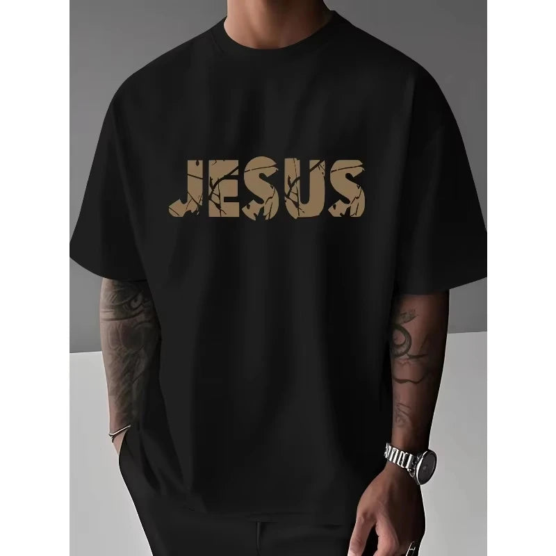 2026 Summer Christian Style Jesus Cross Pattern Printed T-shirt Men's Women's Plus Size Casual Short Sleeve Crew Neck Cotton Tee