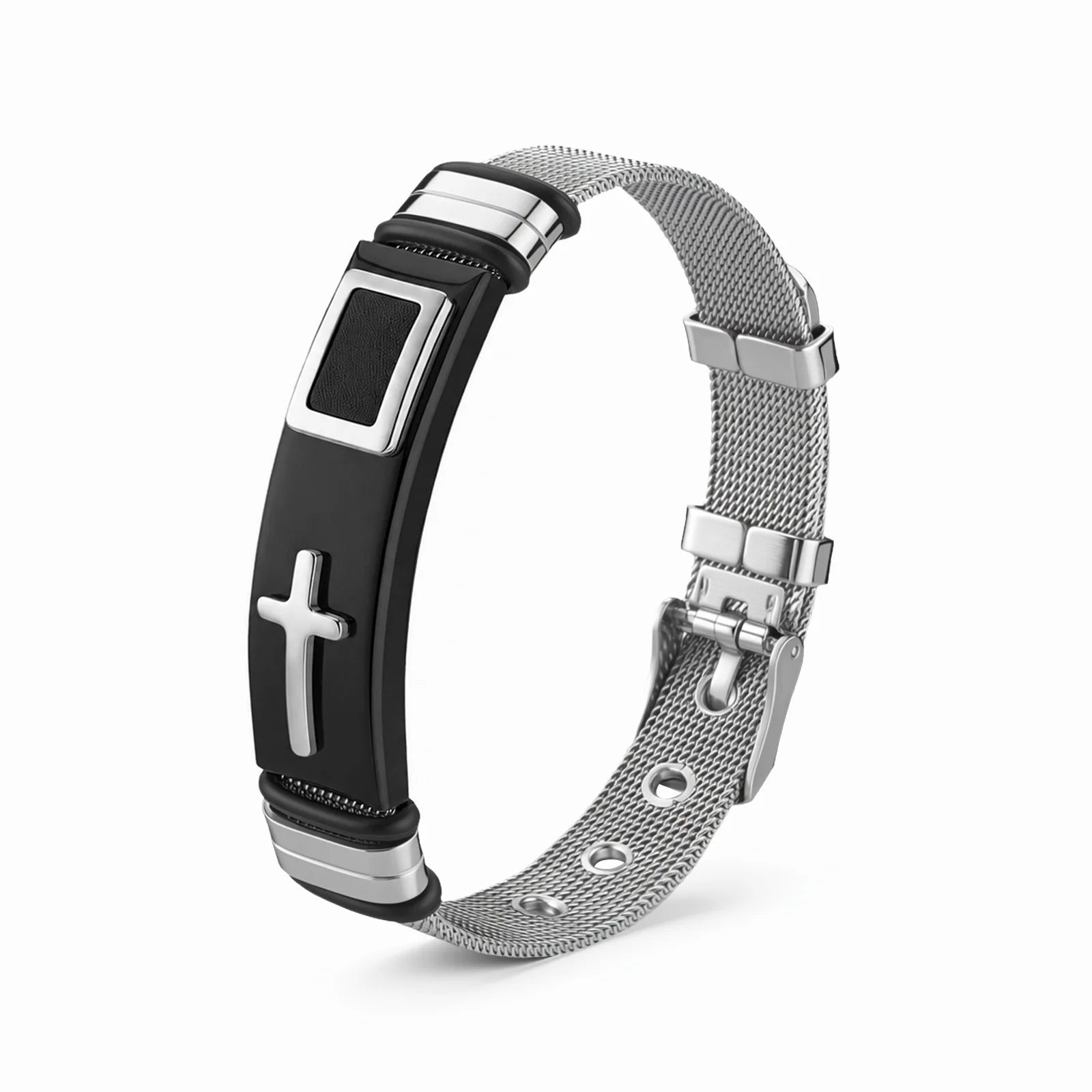 HNSP 316L Stainless Steel Cross Mesh Watch Band Bracelet, Adjustable Christian Faith Wristband, Hypoallergenic Religious Jewelry