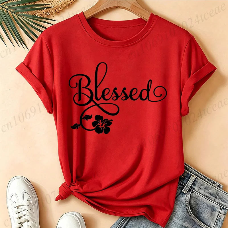 Women Blessed Floral Graphic T Shirt Tee Religious Faith Inspirational Quote T-Shirts Loose Short Sleeve Casual Tee Tops Gifts