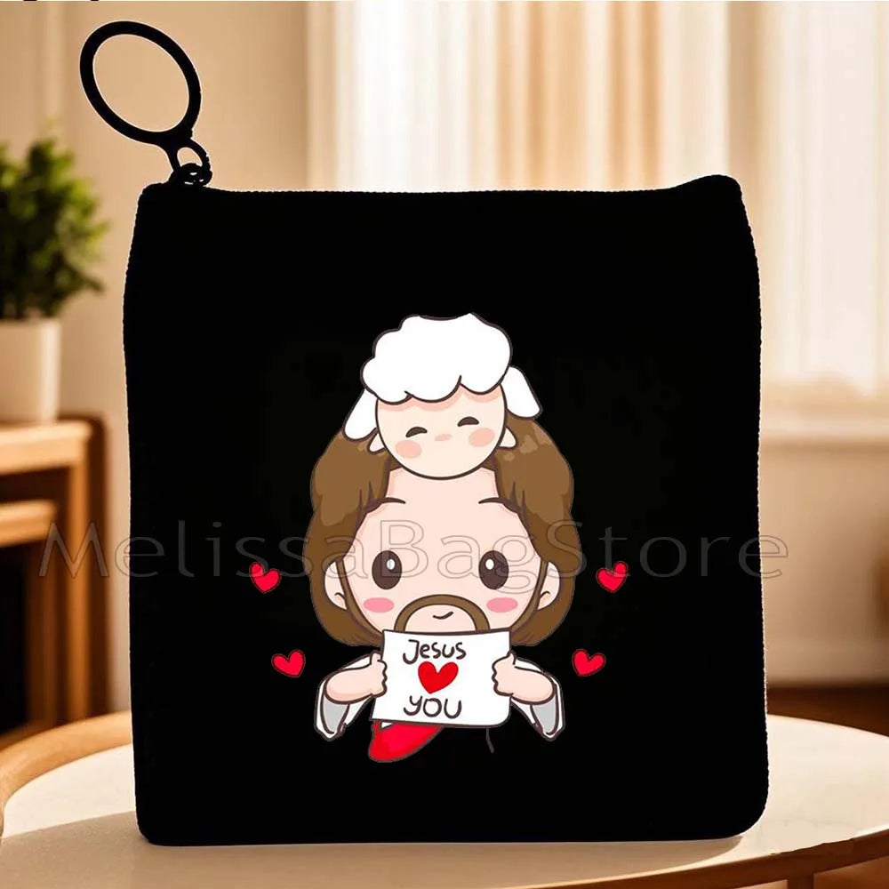 Cartoon Jesus Christ Floral Cross Love Faith Cute Christian Bible Belief Flowers Canvas Key Coin Purse Cute Bag Wallet Pouch