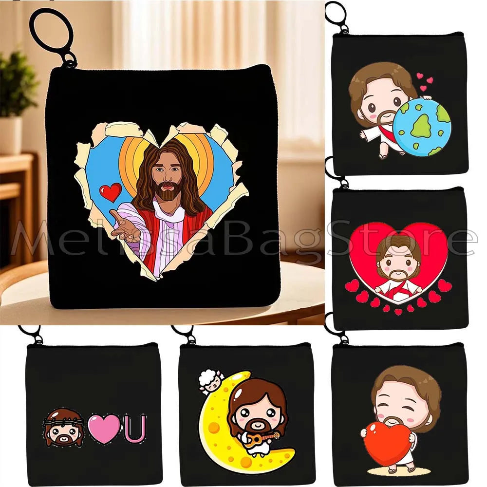 Cartoon Jesus Christ Floral Cross Love Faith Cute Christian Bible Belief Flowers Canvas Key Coin Purse Cute Bag Wallet Pouch