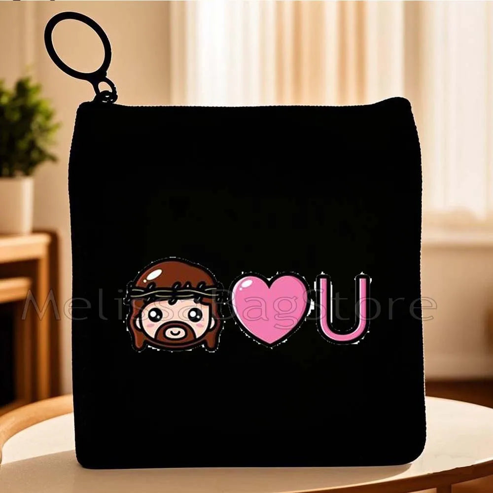 Cartoon Jesus Christ Floral Cross Love Faith Cute Christian Bible Belief Flowers Canvas Key Coin Purse Cute Bag Wallet Pouch