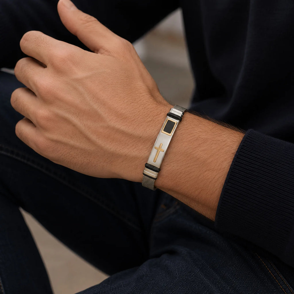 HNSP 316L Stainless Steel Cross Mesh Watch Band Bracelet, Adjustable Christian Faith Wristband, Hypoallergenic Religious Jewelry