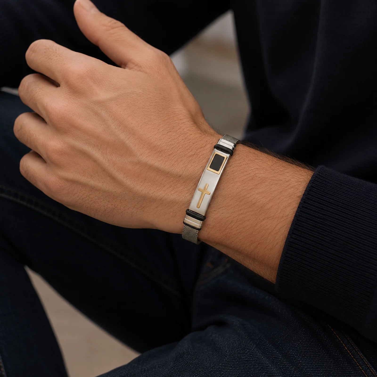 HNSP 316L Stainless Steel Cross Mesh Watch Band Bracelet, Adjustable Christian Faith Wristband, Hypoallergenic Religious Jewelry