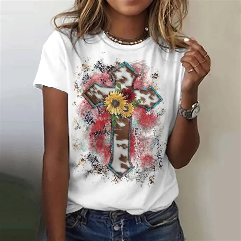 Cross Jesus Pattern T-Shirt For Women Sacred Christianity 3D Print T Shirts Summer Fashion Street Tees Short Sleeves O-Neck Tops