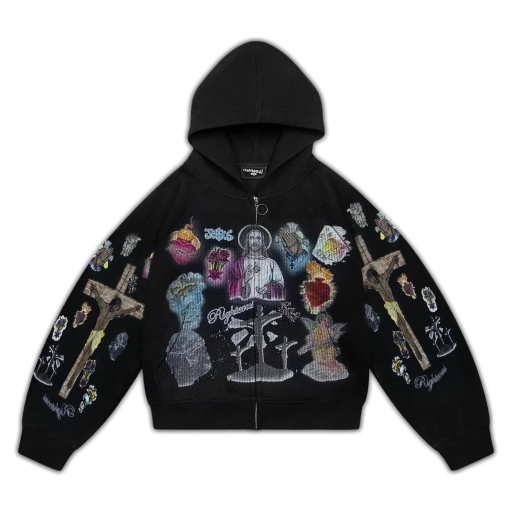 Trendy Y2K unisex Street Black Zip Up Hoodie Unisex with Religious Pattern Multi Element Print for Niche Youth Express Personality