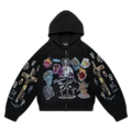 Trendy Y2K unisex Street Black Zip Up Hoodie Unisex with Religious Pattern Multi Element Print for Niche Youth Express Personality