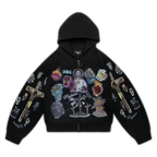 Trendy Y2K unisex Street Black Zip Up Hoodie Unisex with Religious Pattern Multi Element Print for Niche Youth Express Personality