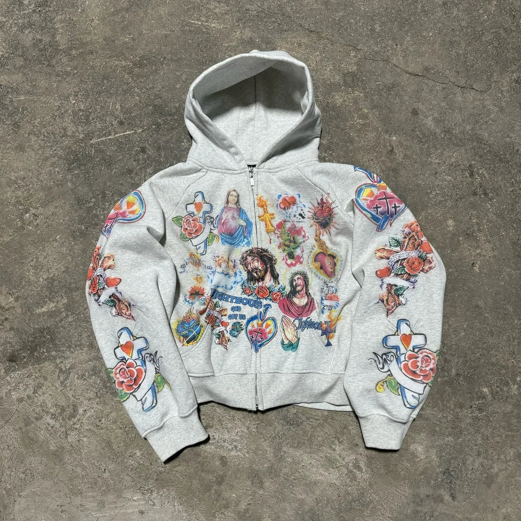 Trendy Y2K unisex Street Black Zip Up Hoodie Unisex with Religious Pattern Multi Element Print for Niche Youth Express Personality