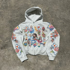 Trendy Y2K unisex Street Black Zip Up Hoodie Unisex with Religious Pattern Multi Element Print for Niche Youth Express Personality