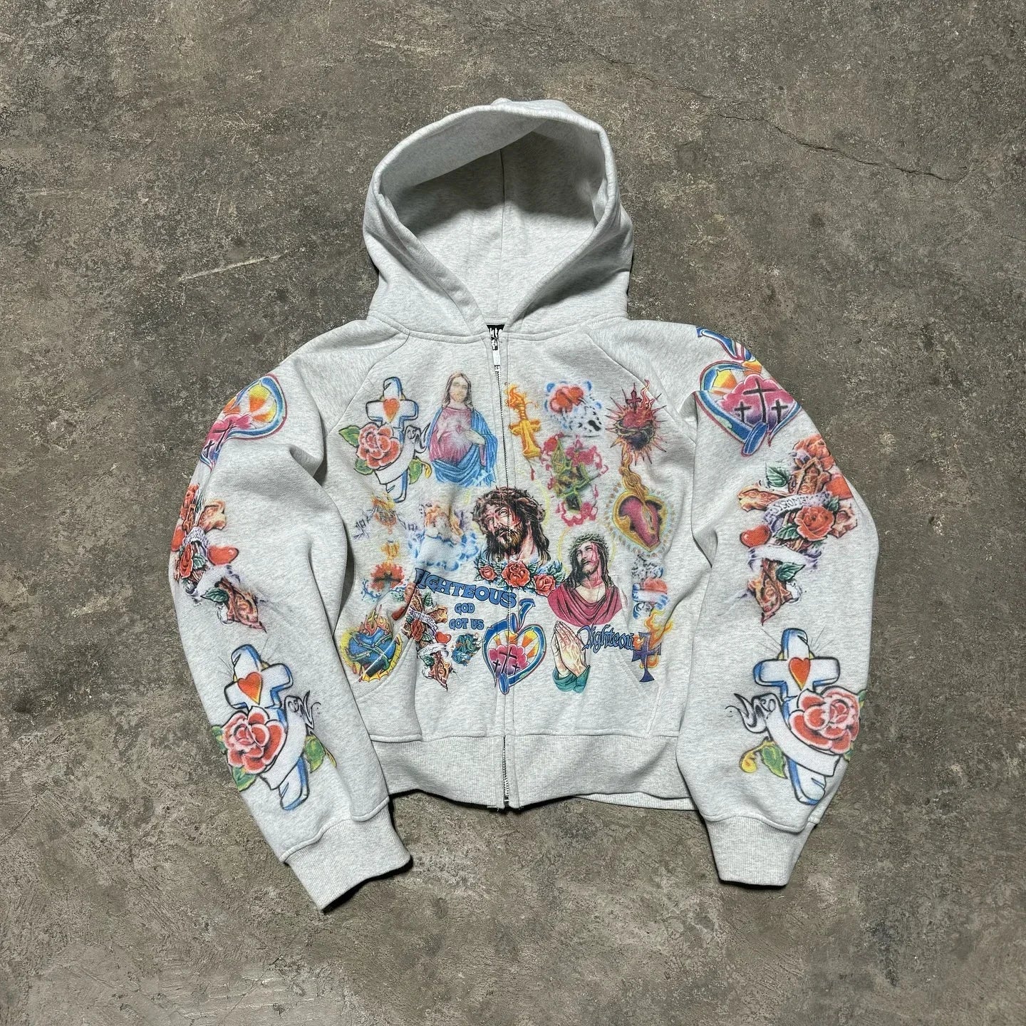 Trendy Y2K unisex Street Black Zip Up Hoodie Unisex with Religious Pattern Multi Element Print for Niche Youth Express Personality