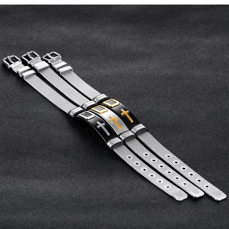 Black Gold Plated Cross Stainless Steel Bracelet for Men, Chain Jewelry Accessory, Punk Bracelets, High Quality