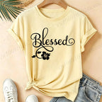 Women Blessed Floral Graphic T Shirt Tee Religious Faith Inspirational Quote T-Shirts Loose Short Sleeve Casual Tee Tops Gifts