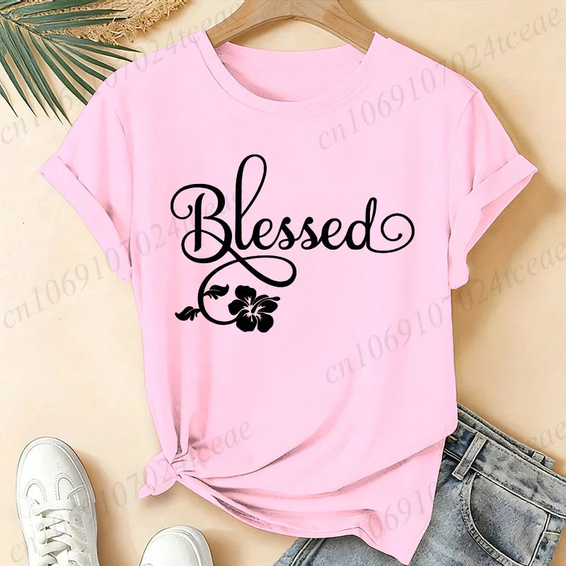 Women Blessed Floral Graphic T Shirt Tee Religious Faith Inspirational Quote T-Shirts Loose Short Sleeve Casual Tee Tops Gifts