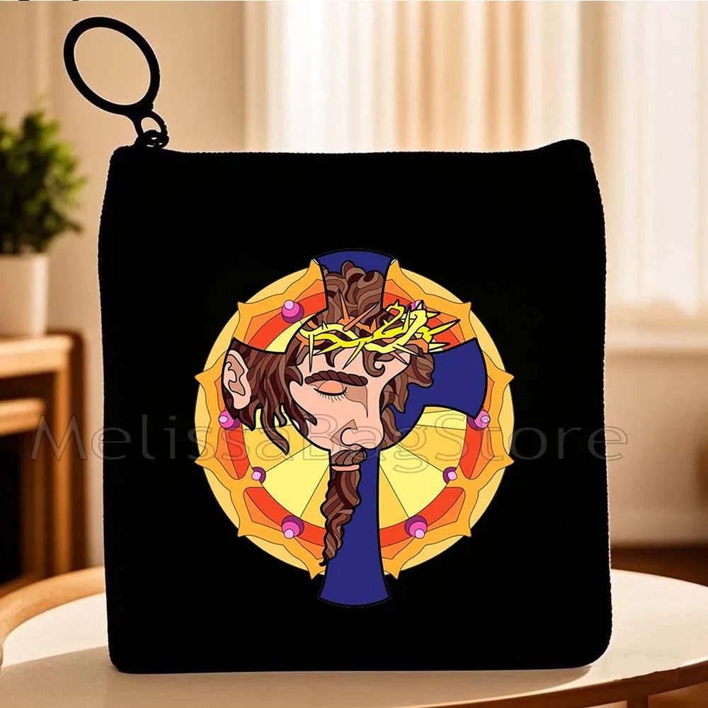 Cartoon Jesus Christ Floral Cross Love Faith Cute Christian Bible Belief Flowers Canvas Key Coin Purse Cute Bag Wallet Pouch