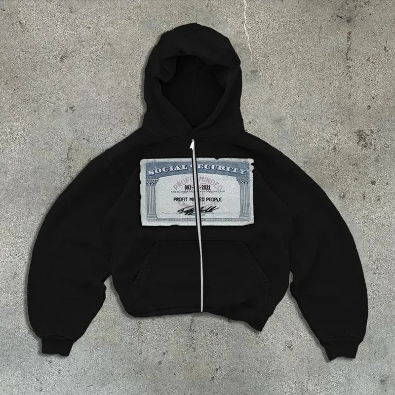 Trendy Y2K unisex Street Black Zip Up Hoodie Unisex with Religious Pattern Multi Element Print for Niche Youth Express Personality