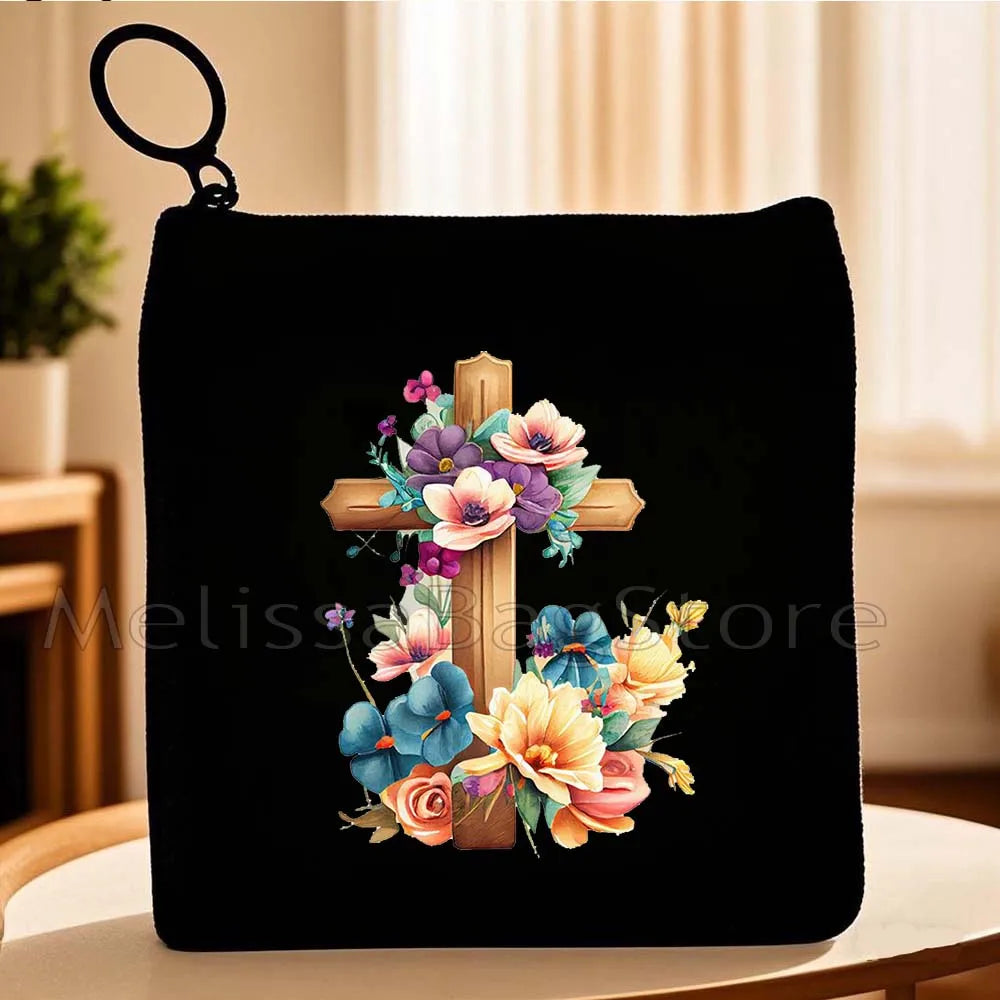 Cartoon Jesus Christ Floral Cross Love Faith Cute Christian Bible Belief Flowers Canvas Key Coin Purse Cute Bag Wallet Pouch