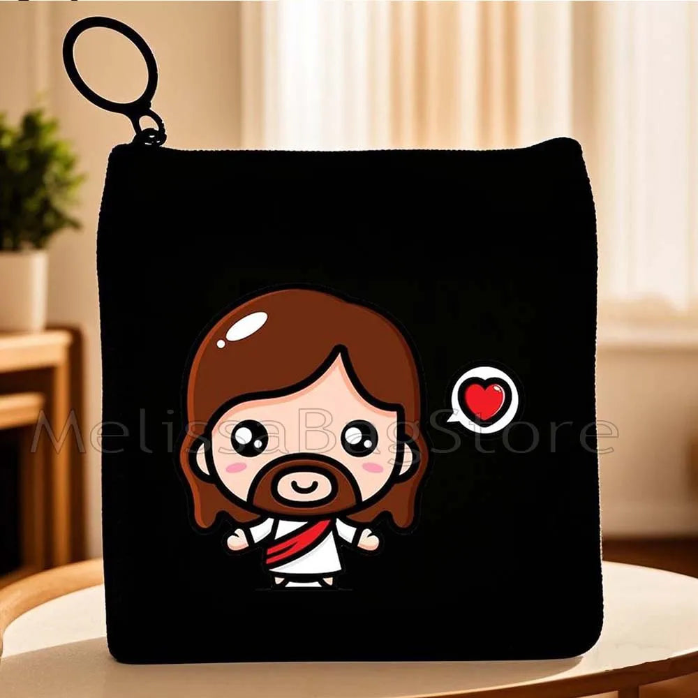 Cartoon Jesus Christ Floral Cross Love Faith Cute Christian Bible Belief Flowers Canvas Key Coin Purse Cute Bag Wallet Pouch