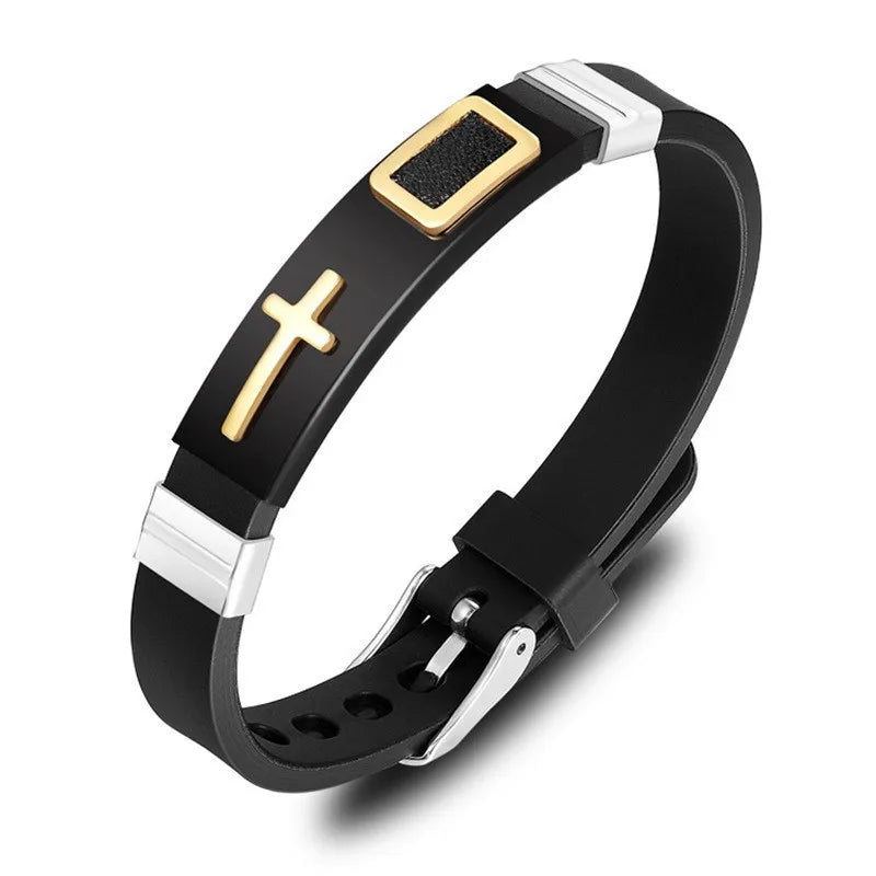 Black Gold Plated Cross Stainless Steel Bracelet for Men, Chain Jewelry Accessory, Punk Bracelets, High Quality